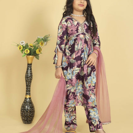 Divine Drape Girls Roman Slub Purple Printed Straight Kids Kurta Pant With Dupatta