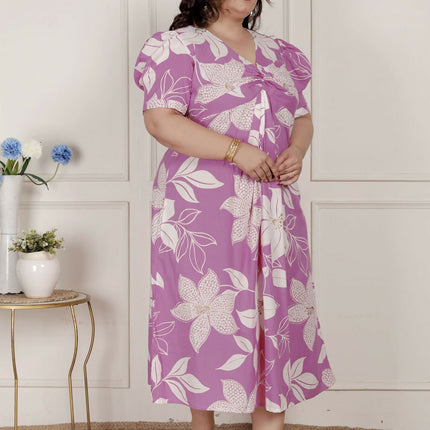 Miravan Womens Plus Size Pink Floral Print Puff Sleeve Pure Cotton Fit Flare Butterfly Maxi Dress