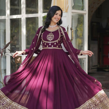 Aastha Fashion Wine Faux Blooming Georgette Sequins Embroidered work Party Wear Designer Gown