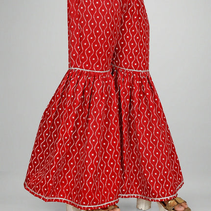 Divine Drape Girls Rayon Red Printed Straight Kids Kurta Sharara With Dupatta