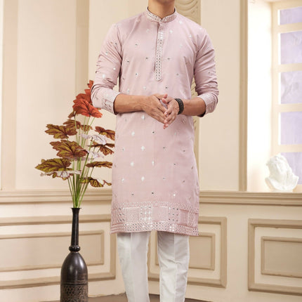 Raivat Ethnic Men's Art Silk Thread Work Kurta Pyjama In Onion Colour