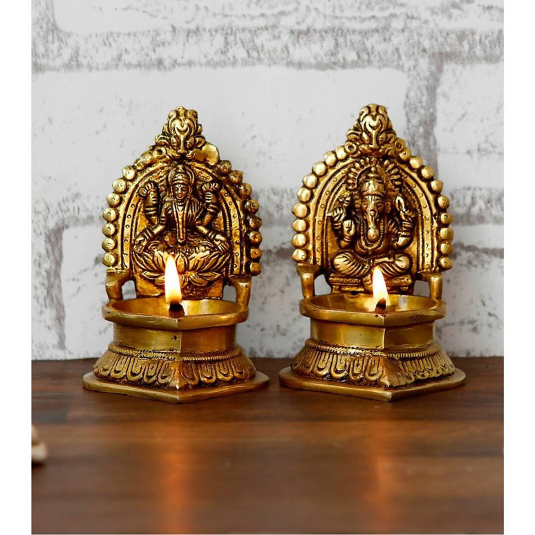 eCraftIndia Set of 2 Gold-Toned Handcrafted Brass Laxmi Ganesha Idol Deepak