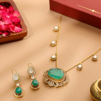 Natural Stones Antique Finish Earrings and Necklace set - Ruby Raang