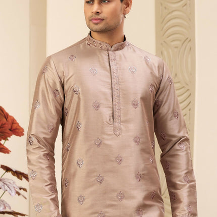 Raivat Ethnic Men's Art Silk Thread Work Kurta Pyjama In Brown Colour