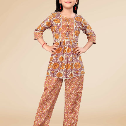 Divine Drape Girls Poly Cotton Yellow Printed Straight Kids Kurta Pant Set