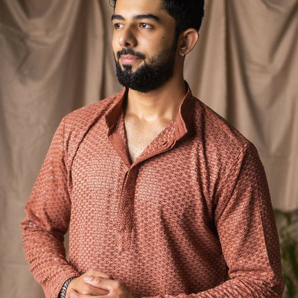 Reddish Orange Rayon Thread Embroidery Work Kurta Set - Mahotsav