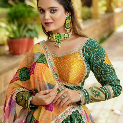 Aastha Fashion Green Gaji Soft Silk Discharge Print + Embroidery Zari / Thread / Sequence Work Lace Semi Stitched Wedding Wear Lehenga Choli