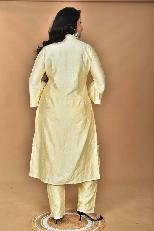 Morchari Women And Hand Embroidery Co-Ord Set-Lemon- Yellow