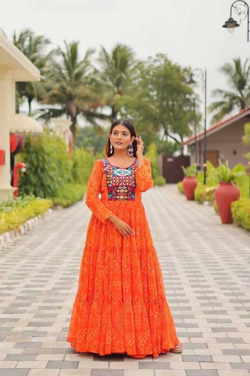 Aastha Fashion Orange Faux Georgette Navratri Designer Gown Collection