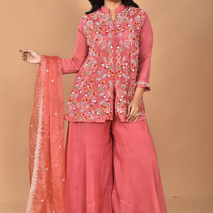 Morchari Women And Hand Embroidery Palazzo Set-Rust