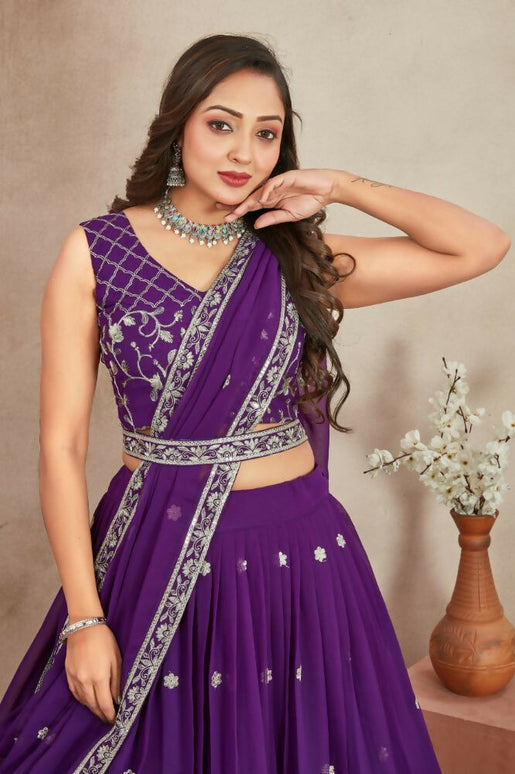 Aastha Fashion Purple Heavy Georgette Embroidery Zari / Sequence Work Semi Stitched Wedding Wear Lehenga Choli