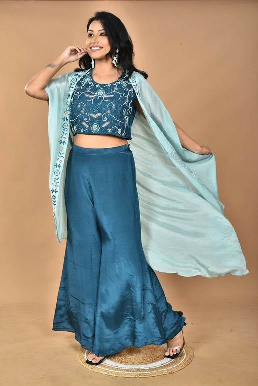 Morchari Women Hand Embroidery Crop Top-Blue