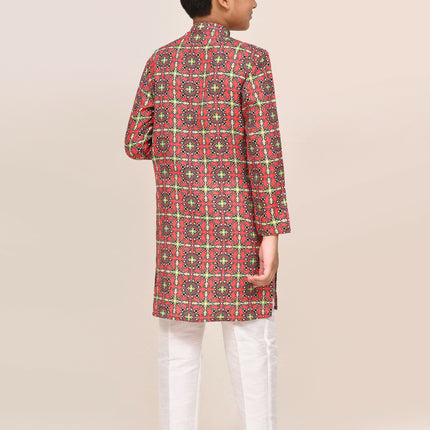 Joban Fashion Cotton Red Kurta With Straight Fit Pant