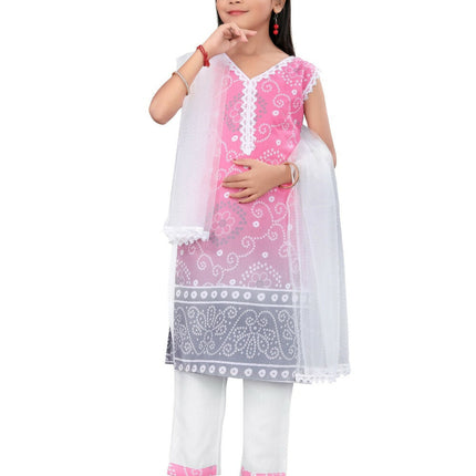 Divine Drape Girls Cotton Pink Printed Straight Kids Kurta Pant With Dupatta