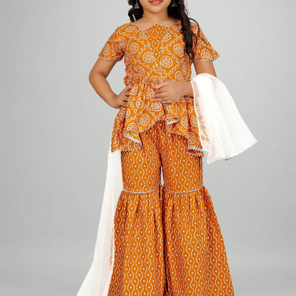 Divine Drape Girls Rayon Yellow Printed Straight Kids Kurta Sharara With Dupatta
