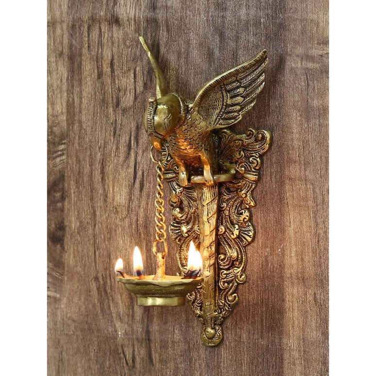 eCraftIndia Gold-Toned Handcrafted Bird Wall Hanging with Diya for 5 wicks