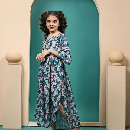 Divine Drape Girls Muslin Teal Printed Kids Anarkali Gown