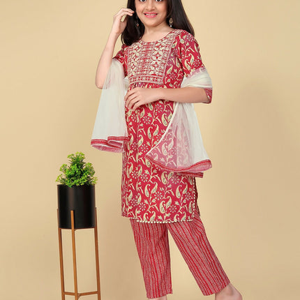 Divine Drape Girls Poly Cotton Red Embroidered Straight Kids Kurta Pant With Dupatta