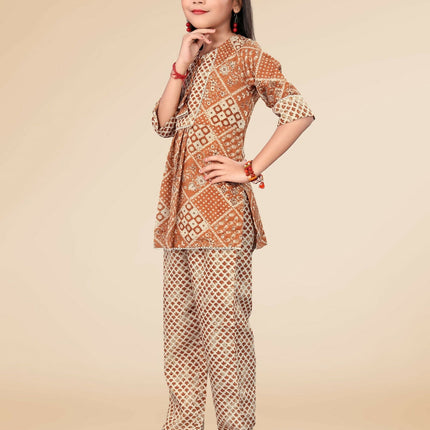 Divine Drape Girls Poly Cotton Mustard Printed Straight Kids Kurta Pant Set