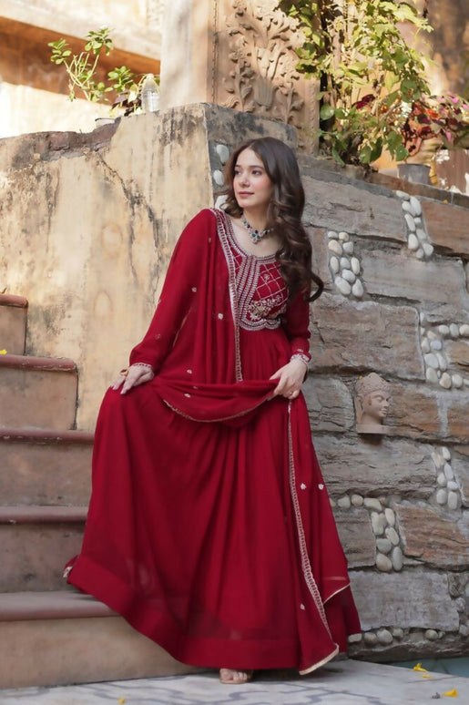 Aastha Fashion Maroon Faux Blooming Sequins-Multi & Beads Embroidered Work Party Wear Designer Gown