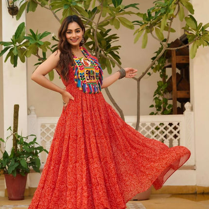 Aastha Fashion Orange Faux Georgette Bandhani Print Navratri Designer Gown Collection