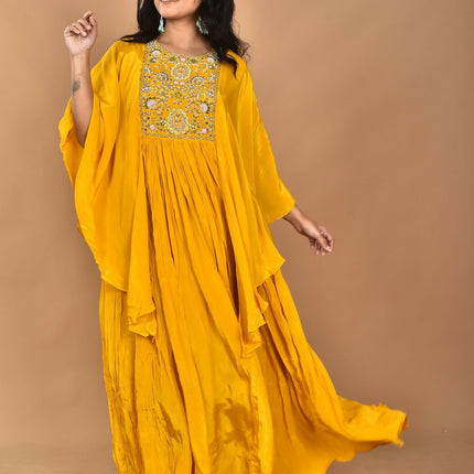 Morchari Kaftan Zari Embroidery Work Gown-Yellow