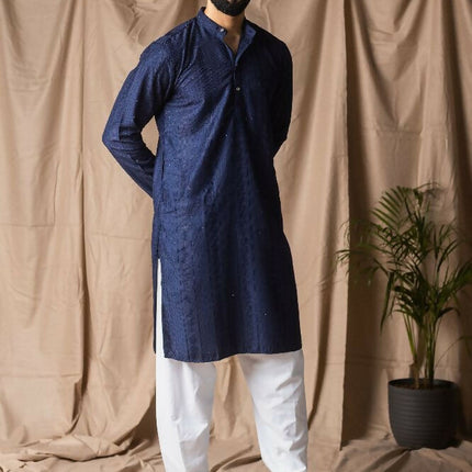 Navy Blue Rayon Thread Embroidery Work Kurta Set - Mahotsav