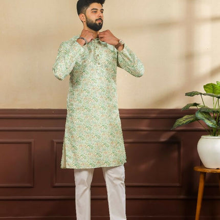 Green Art Silk Digital Printed, Embroidery Work Kurta Set - Mahotsav