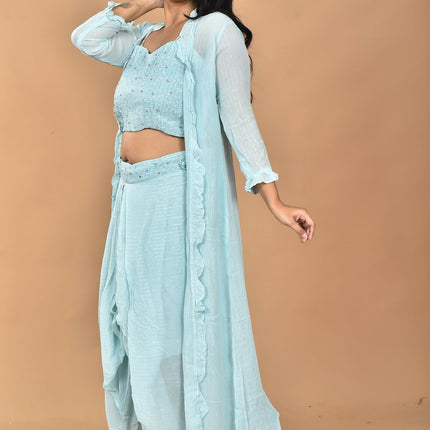 Morchari Women Hand Embroidery Crop Top-Sky