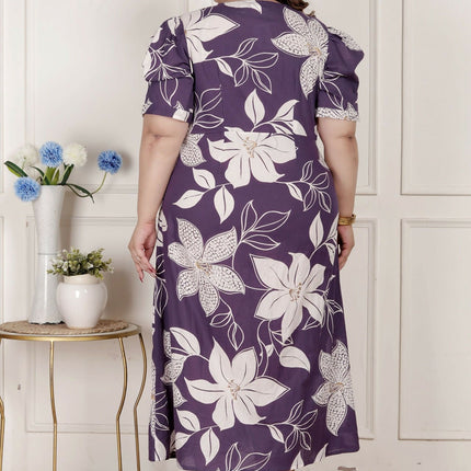 Miravan Womens Plus Size Purple Pleated Puff Sleeve Floral Pure Cotton Butterfly Middi Dress