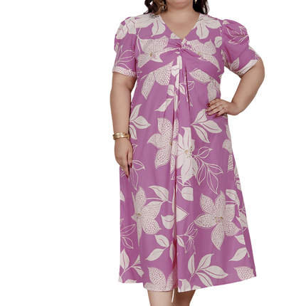 Miravan Womens Plus Size Pink Floral Print Puff Sleeve Pure Cotton Fit Flare Butterfly Maxi Dress