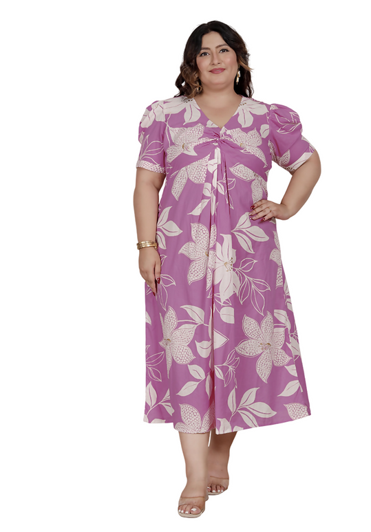 Miravan Womens Plus Size Pink Floral Print Puff Sleeve Pure Cotton Fit Flare Butterfly Maxi Dress