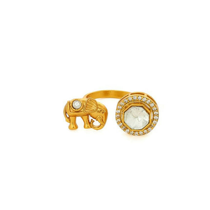 Kundan Gold plated Elephant and Round Ring - Ruby Raang