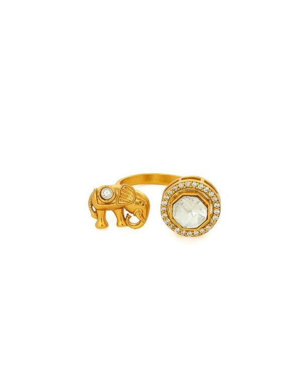 Kundan Gold plated Elephant and Round Ring - Ruby Raang