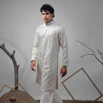 Off White Viscose Heavy Embroidery Work Kurta Set - Mahotsav
