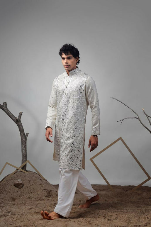 Off White Viscose Heavy Embroidery Work Kurta Set - Mahotsav