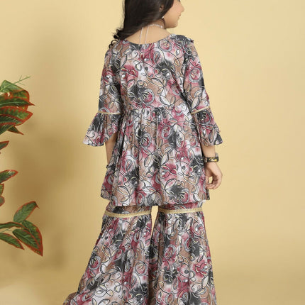 Divine Drape Girls Muslin Purple Printed Straight Kids Kurta Sharara With Dupatta