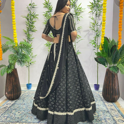Aastha Fashion Black Heavy Georgette Heavy Embroidery+ Sequence +Ready Lace Semi Stitched Wedding Wear Lehenga Choli