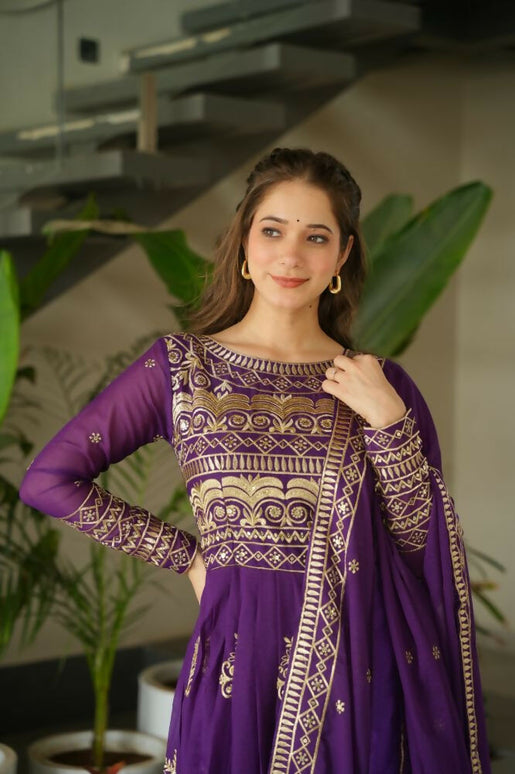 Aastha Fashion Purple Chinnon Sequins-Multi & Beads Embroidered Work Party Wear Designer Gown