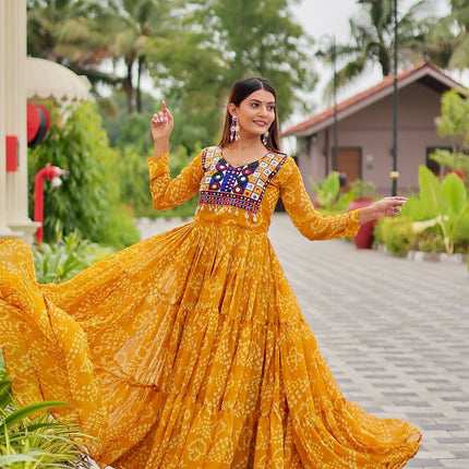 Aastha Fashion Yellow Faux Georgette Navratri Designer Gown Collection