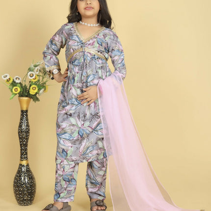Divine Drape Girls Roman Slub Grey Printed Straight Kids Kurta Pant With Dupatta
