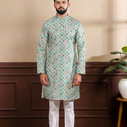 Blue Art Silk Digital Printed, Embroidery Work Kurta Set - Mahotsav