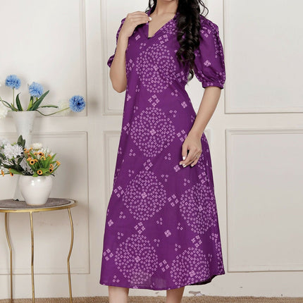 Miravan Womens Purple Bandhani Printed A-Line Maxi Dress