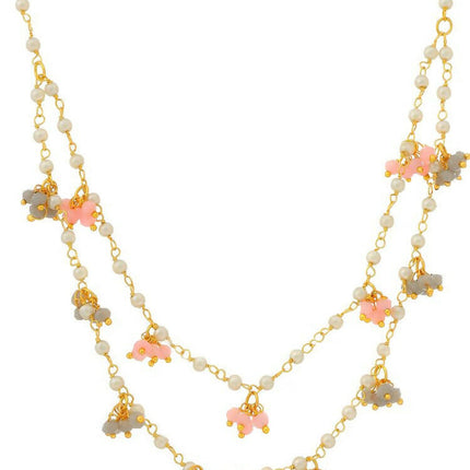 Beaded Pearl Necklace with Grey and Pink Colourful Motifs - Ruby Raang