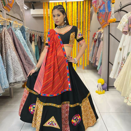 Aastha Fashion Black Rayon Gamthi Work Real Mirror Patch + Embroidery Thread Work Lace + Digital Print Semi Stitched Wedding Wear Lehenga Choli