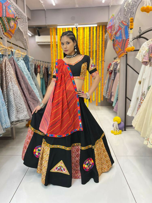 Aastha Fashion Black Rayon Gamthi Work Real Mirror Patch + Embroidery Thread Work Lace + Digital Print Semi Stitched Wedding Wear Lehenga Choli