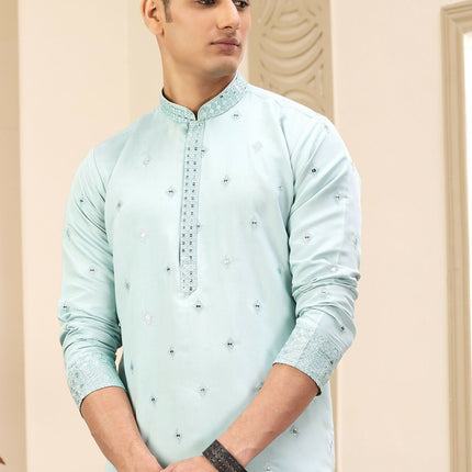 Raivat Ethnic Men's Art Silk Thread Work Kurta Pyjama In Pista Green Colour