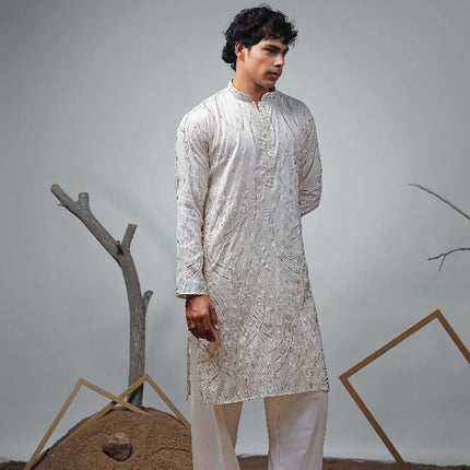 Off White Viscose Designer Embroidery Work Kurta Set - Mahotsav