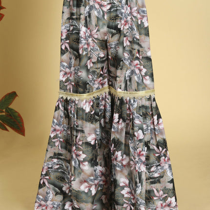 Divine Drape Girls Muslin Grey Printed Straight Kids Kurta Sharara With Dupatta