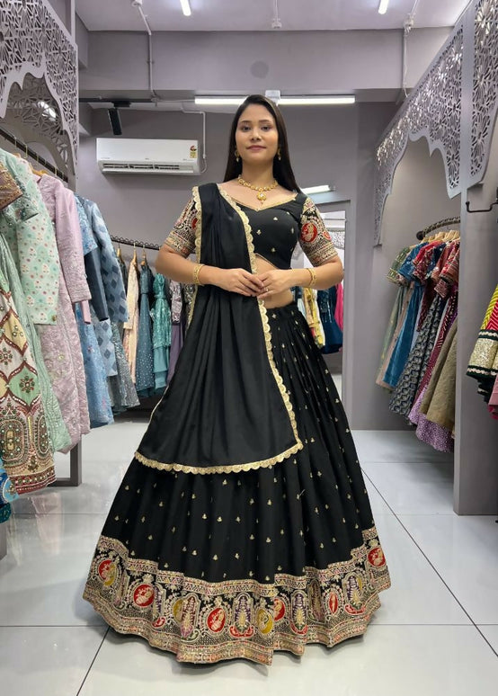 Aastha Fashion Black Roman Silk Embroidery Thread / Zari / Sequence Work Semi Stitched Wedding Wear Lehenga Choli